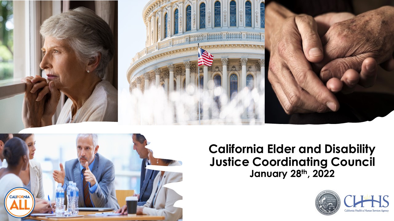 Graphic announcing the January 28, 2022 meeting date of the California Elder and Disability Justice Coordinating Council.